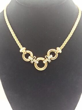 Vintage Keyes Gold Tone Link Necklace Crystal Accent Rings Signed